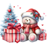 AI generated Cute cartoon bear with gift box and hearts.  AI png