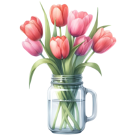 AI generated watercolor Bouquet of pink tulips in glass jar. png