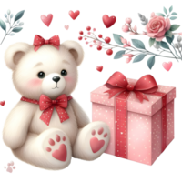 AI generated Cute cartoon bear with gift box and hearts.  AI png