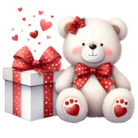 AI generated Cute cartoon bear with gift box and hearts.  AI png