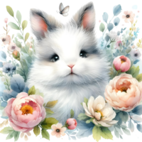 AI generated Cute white bunny with flowers and leaves. Watercolor ai png