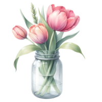 ai gerado aguarela ramalhete do Rosa tulipas dentro vidro jar. png