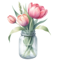 ai gegenereerd waterverf boeket van roze tulpen in glas kan. png