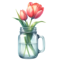 AI generated watercolor Bouquet of pink tulips in glass jar. png