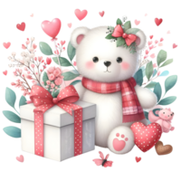 AI generated Cute cartoon bear with gift box and hearts.  AI png