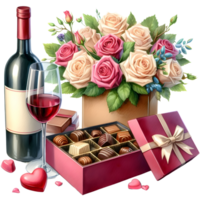 ai generiert Valentinstag Tag Hintergrund mit Rosen, Schokolade, Geschenk Box und Wein png