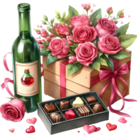 ai gerado dia dos namorados dia fundo com rosas, chocolate, presente caixa e vinho png