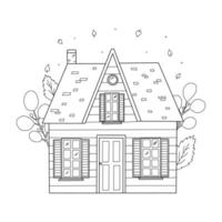 Village cottage drawing, countryhouse sketch with leaves for coloring pages, scrapbooking, stationary, wallpaper, banners, cards, sublimation, prints, etc. EPS 10 vector