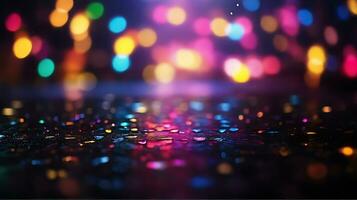 AI generated Glitter bokeh lighting effect colorful blurred abstract background birthday anniversary weddings multicolor bokeh, raining light, blurry lights, blurry rainbow confettis black background photo