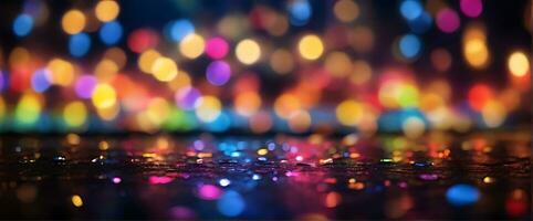 AI generated Glitter bokeh lighting effect colorful blurred abstract background birthday anniversary weddings multicolor bokeh, raining light, blurry lights, blurry rainbow confettis black background photo