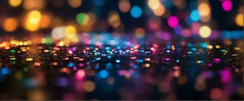 AI generated Glitter bokeh lighting effect colorful blurred abstract background birthday anniversary weddings multicolor bokeh, raining light, blurry lights, blurry rainbow confettis black background photo