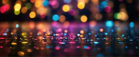 AI generated Glitter bokeh lighting effect colorful blurred abstract background birthday anniversary weddings multicolor bokeh, raining light, blurry lights, blurry rainbow confettis black background photo