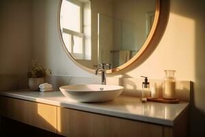 un minimalista baño cerca - arriba presentando un espejo con un iluminado marco generativo ai foto
