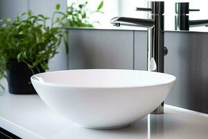 A detailed shot of a pristine white ceramic sink with a minimalist design Generative AI photo