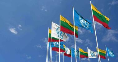 Lithuania and United Nations, UN Flags Waving Together in the Sky, Seamless Loop in Wind, Space on Left Side for Design or Information, 3D Rendering video