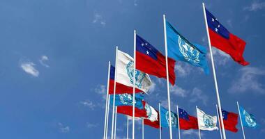 Samoa and United Nations, UN Flags Waving Together in the Sky, Seamless Loop in Wind, Space on Left Side for Design or Information, 3D Rendering video