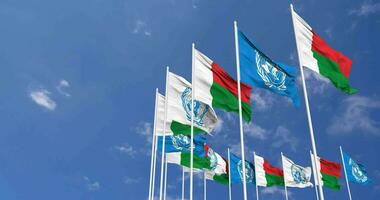 Madagascar et uni nations, ONU drapeaux agitant ensemble dans le ciel, sans couture boucle dans vent, espace sur la gauche côté pour conception ou information, 3d le rendu video