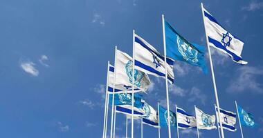 Israel och förenad nationer, fn flaggor vinka tillsammans i de himmel, sömlös slinga i vind, Plats på vänster sida för design eller information, 3d tolkning video