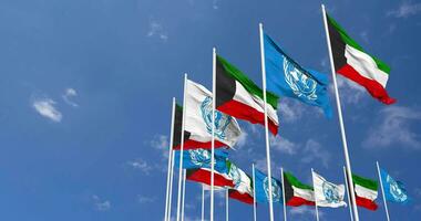 Kuwait and United Nations, UN Flags Waving Together in the Sky, Seamless Loop in Wind, Space on Left Side for Design or Information, 3D Rendering video