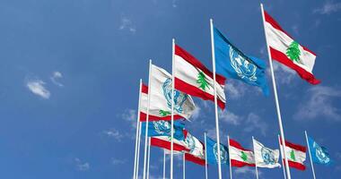 Lebanon and United Nations, UN Flags Waving Together in the Sky, Seamless Loop in Wind, Space on Left Side for Design or Information, 3D Rendering video