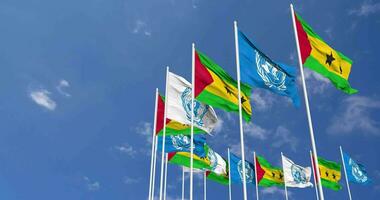 Sao Tome and Principe and United Nations, UN Flags Waving Together in the Sky, Seamless Loop in Wind, Space on Left Side for Design or Information, 3D Rendering video