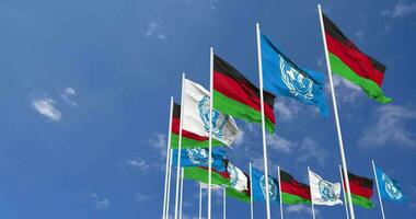 Malawi and United Nations, UN Flags Waving Together in the Sky, Seamless Loop in Wind, Space on Left Side for Design or Information, 3D Rendering video