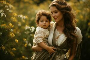 ai generado mamá con su bebé al aire libre, en hermosa primavera día foto