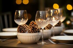 AI generated A dining table set for Christmas with a minimalist approach, showcasing plain white crockery, simple glassware, a few pine cones, and a single strand of twinkling lights photo