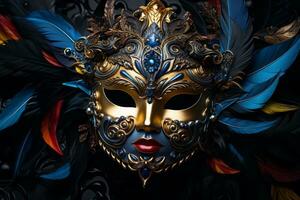 AI generated An elaborate carnival mask adorned with glitter and vibrant feathers, set against a dark, mysterious background, highlighting the intricate details and sparkle photo