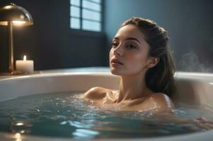 AI generated A beautiful alluring woman indulging in a luxurious bath in her extravagant jacuzzi. photo