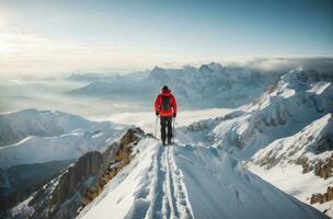 ai generado un invierno extremo Deportes entusiasta en pie a el cumbre de un Nevado montaña, rodeado por un maravilloso panorámico vista. foto