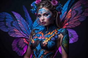 AI generated A stunningly radiant girl with ultraviolet body art, her skin illuminates under the vibrant, neon glow of ultraviolet light. photo