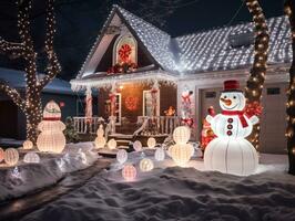 AI generated Nighttime of a home exterior transformed into a winter wonderland with dazzling Christmas lights, inflatable snowman, and a magnificent Christmas tree adorned with ornaments photo