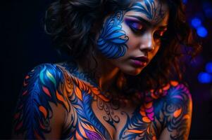 AI generated A stunningly radiant girl with ultraviolet body art, her skin illuminates under the vibrant, neon glow of ultraviolet light. photo