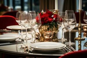 ai generado elegante mesa conjunto en rojo plata y oro, para Navidad cena configuración, . foto