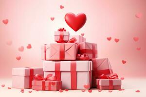 AI generated Valentine's Day minimal background with gift stack against pastel background . photo