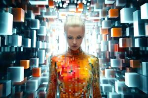 AI generated A model wearing glitch-inspired fashion in a high-fashion setting, combining avant-garde style with digital artistry. photo