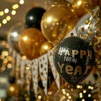 ai generado elegante 2024 nuevo años víspera fiesta decoraciones, incluso espumoso contento nuevo año pancartas, globos, y papel picado en oro y plata foto