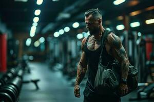AI generated A muscular man in a gym, sports bag slung over his shoulder, passing by rows of workout equipment. photo