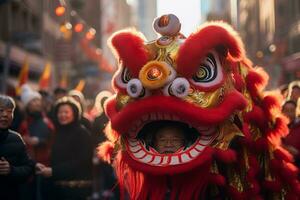 AI generated Chinese New Year parade with dragon and lion dancers, traditional performers, and joyful spectators lining the streets. photo