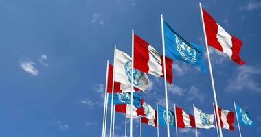 Peru and United Nations, UN Flags Waving Together in the Sky, Seamless Loop in Wind, Space on Left Side for Design or Information, 3D Rendering video