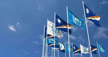 Marshall Islands and United Nations, UN Flags Waving Together in the Sky, Seamless Loop in Wind, Space on Left Side for Design or Information, 3D Rendering video