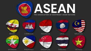 The Association of Southeast Asian Nations, ASEAN All Member Flags Icon Waving Seamless Looping, 3D Rendering video