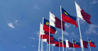 Liechtenstein and Qatar Flags Waving Together in the Sky, Seamless Loop in Wind, Space on Left Side for Design or Information, 3D Rendering video