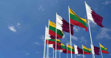 Lithuania and Qatar Flags Waving Together in the Sky, Seamless Loop in Wind, Space on Left Side for Design or Information, 3D Rendering video