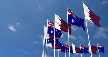 Australië en qatar vlaggen golvend samen in de lucht, naadloos lus in wind, ruimte Aan links kant voor ontwerp of informatie, 3d renderen video