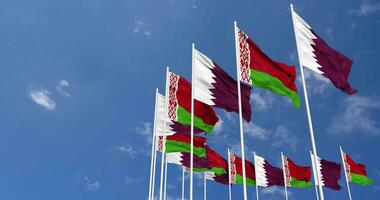 Belarus and Qatar Flags Waving Together in the Sky, Seamless Loop in Wind, Space on Left Side for Design or Information, 3D Rendering video