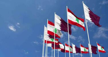 Lebanon and Qatar Flags Waving Together in the Sky, Seamless Loop in Wind, Space on Left Side for Design or Information, 3D Rendering video