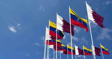 Bolivarian Republic of Venezuela and Qatar Flags Waving Together in the Sky, Seamless Loop in Wind, Space on Left Side for Design or Information, 3D Rendering video