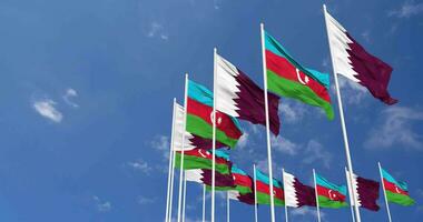 Azerbaijan and Qatar Flags Waving Together in the Sky, Seamless Loop in Wind, Space on Left Side for Design or Information, 3D Rendering video